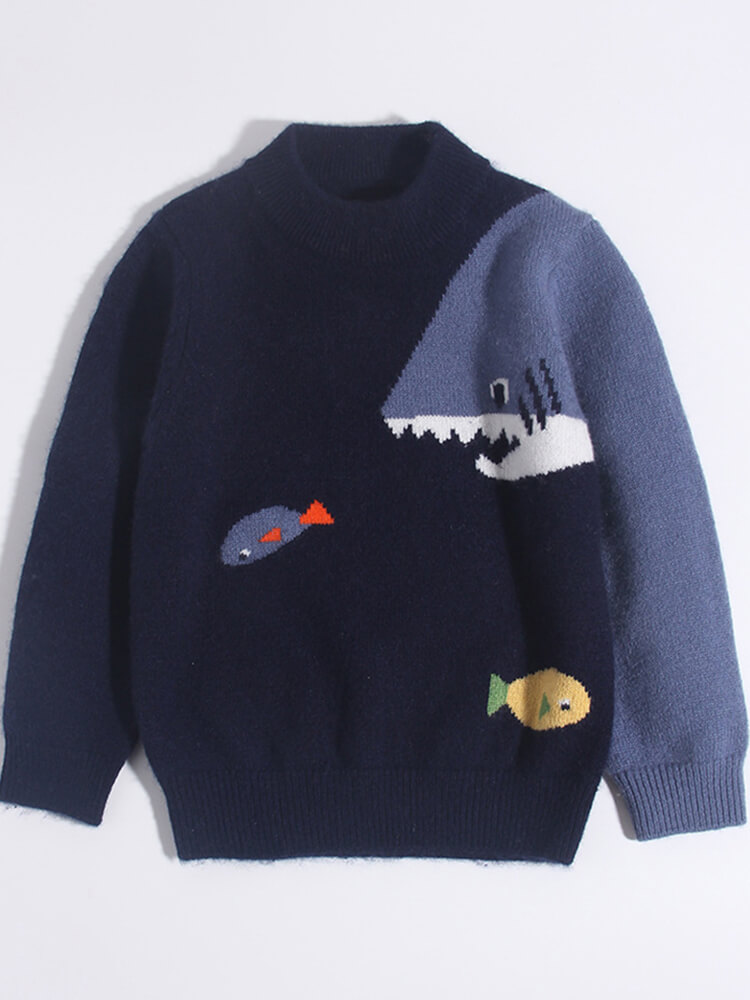 Boys Navy Blue Shark & Fish Pattern Cashmere Sweater